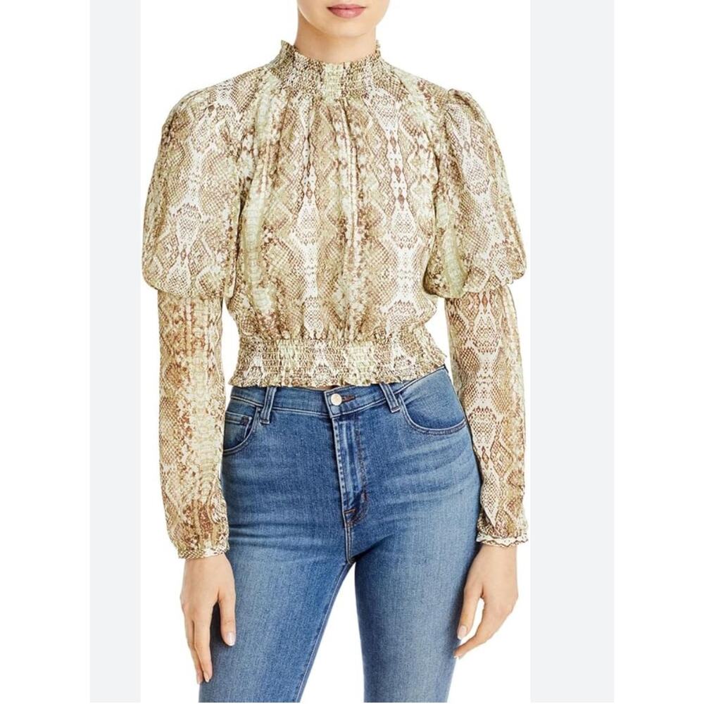 WAYF Dutchess top smocked waist dramatic puff sleeves neutral snake print Sz. XS